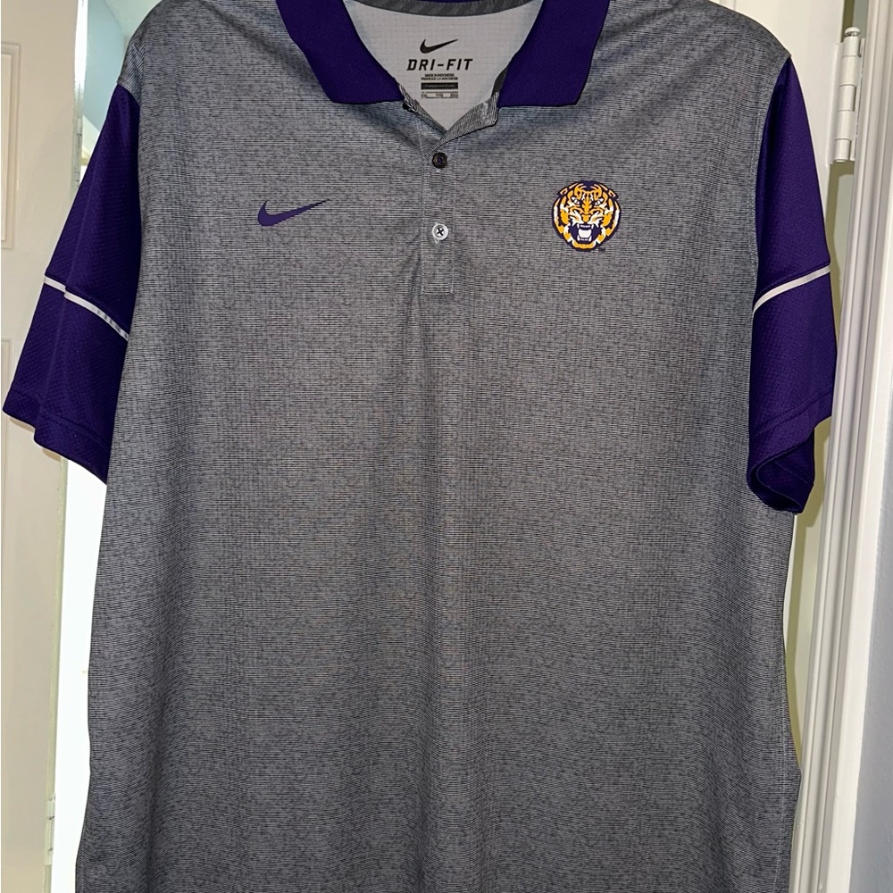 LSU Tigers Nike Dri-FIT Men's Polo Shirt with Gray and Purple stitched logo